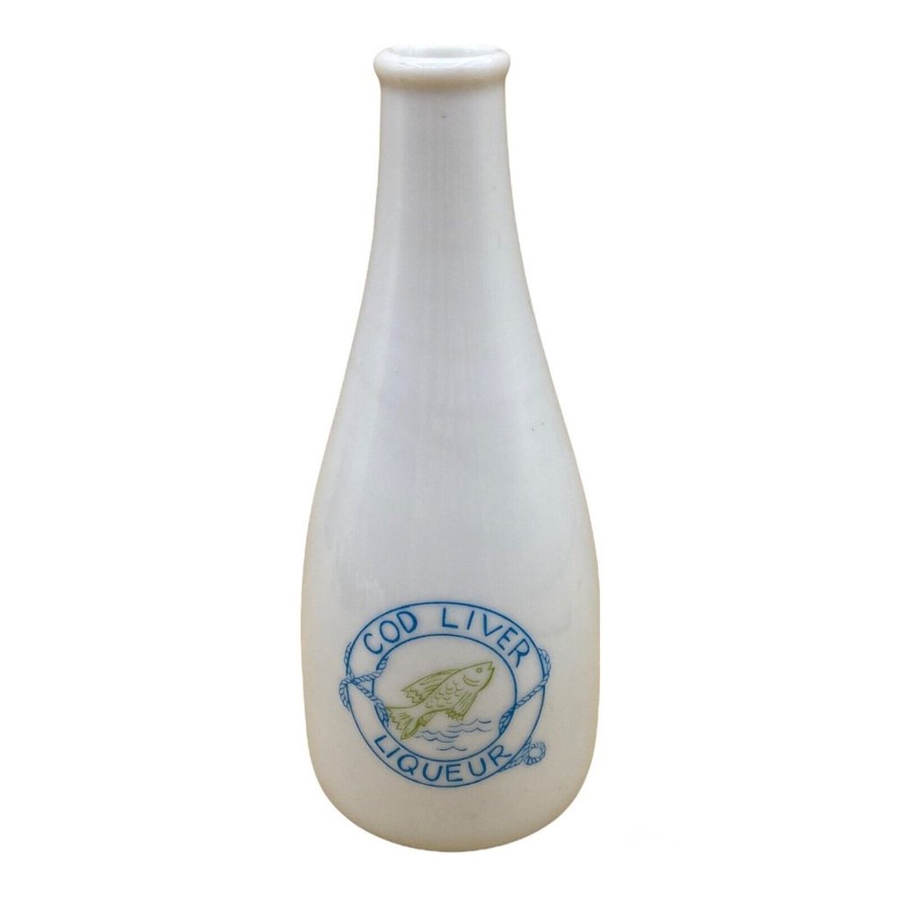 Vintage Cod Liver Liqueur White 6” Bottle Fish Logo Apothecary